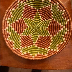 Handwoven Basket with Green and Brown Pattern from Rwanda 12” across 3” deep